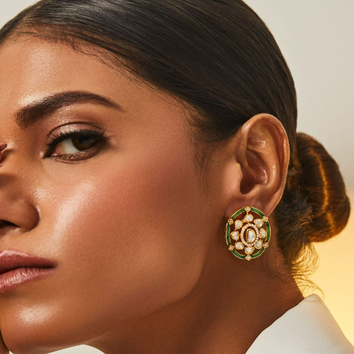 Floral Moissanite Green Enamel Stud Earrings