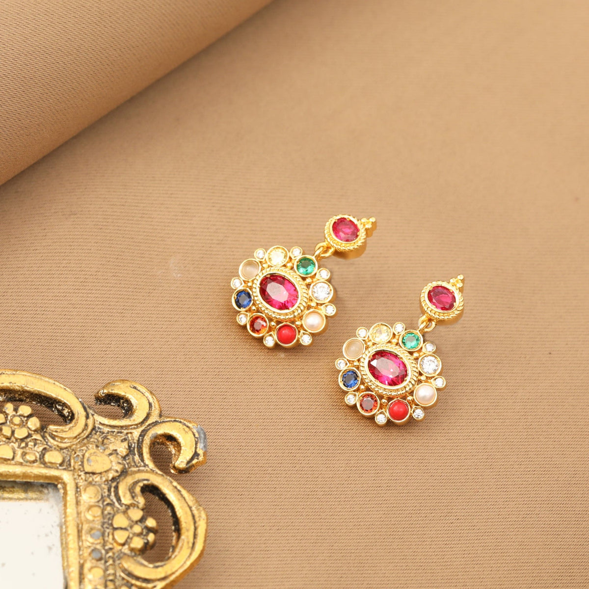 Earrings Rupa Navaratna Maroon Silver Drop Earrings