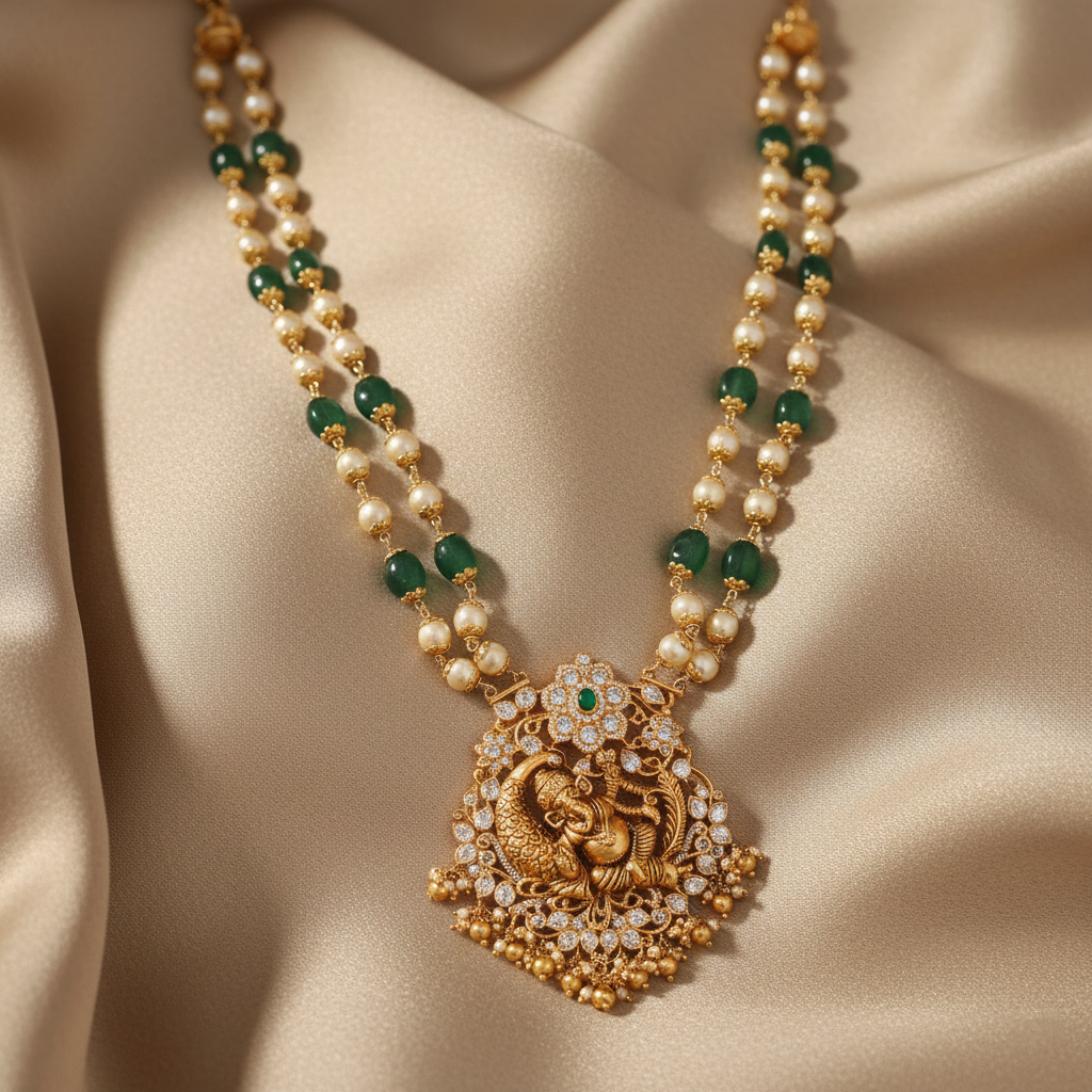 A picture of a gold plated silver necklace with alternating pearls and green beads on a white background.