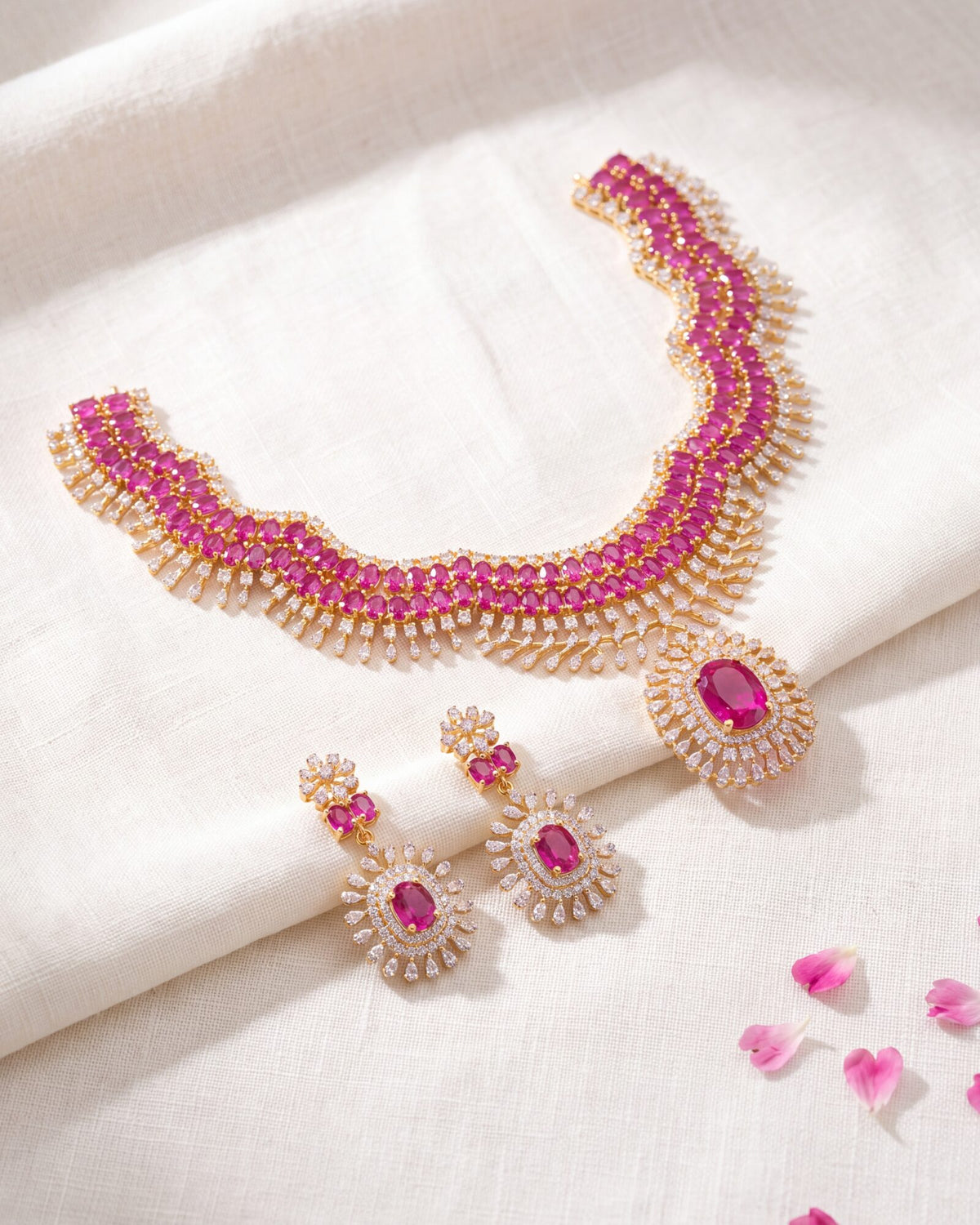 Nakshatra necklace and earrings with pink stones