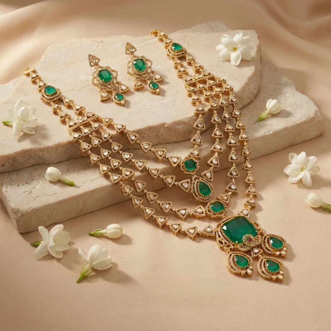 Rasika layered necklace and earrings with green stones