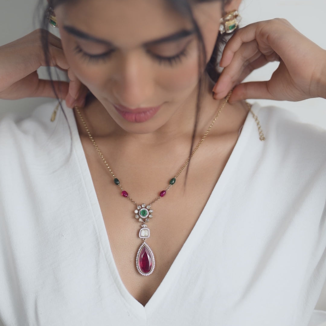 Amira Moissanites and Gemstone Silver Pendant Necklace