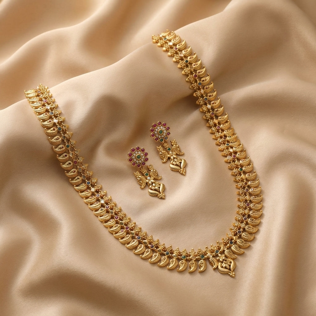 Swara Mango Motif Silver Long Necklace Set