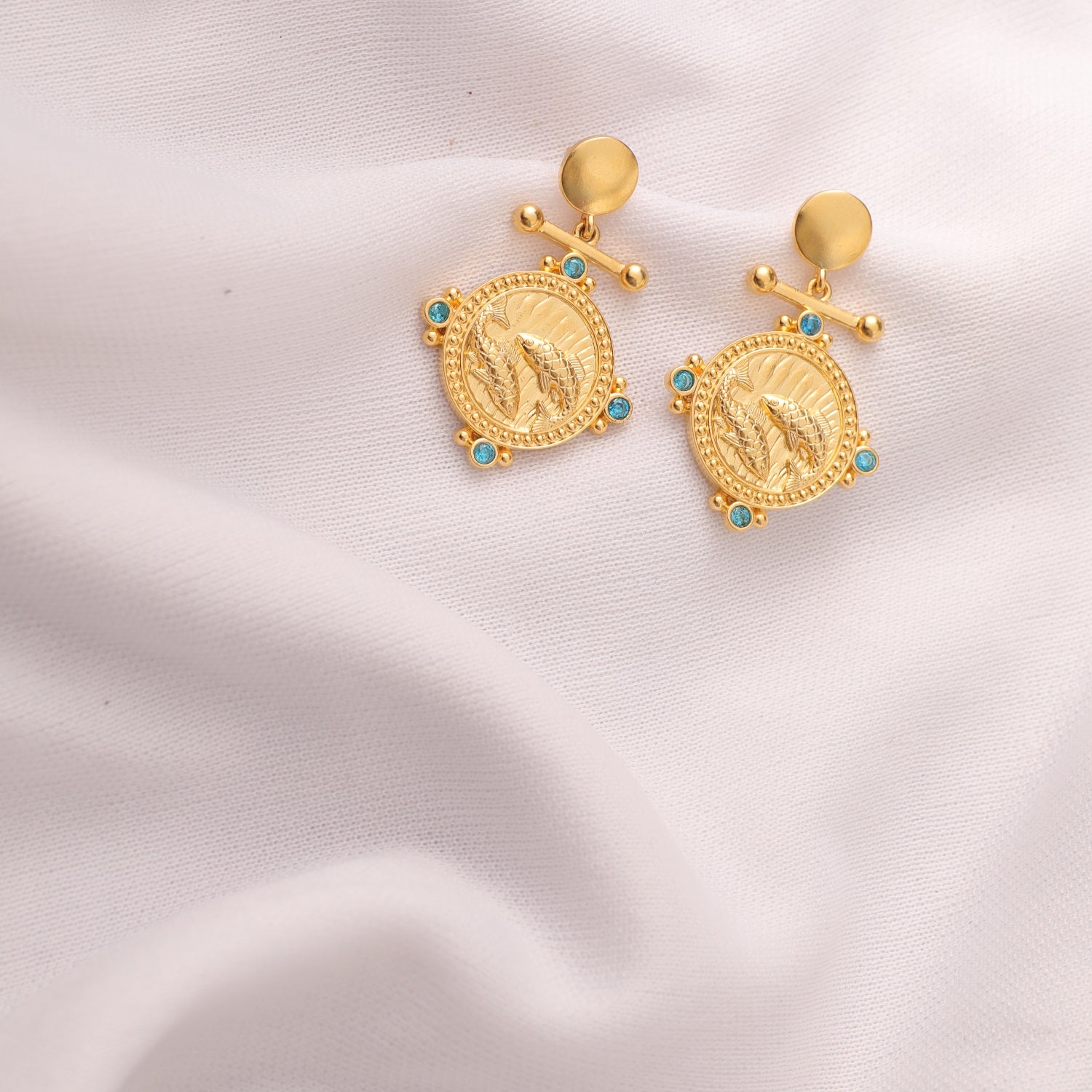 Earrings Aquamarine Pisces Zodiac Gold Plated Silver Earrings