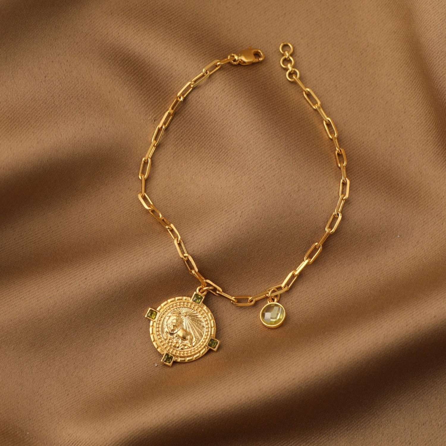 Peridot Leo Zodiac Gold Plated Silver Chain Bracelet