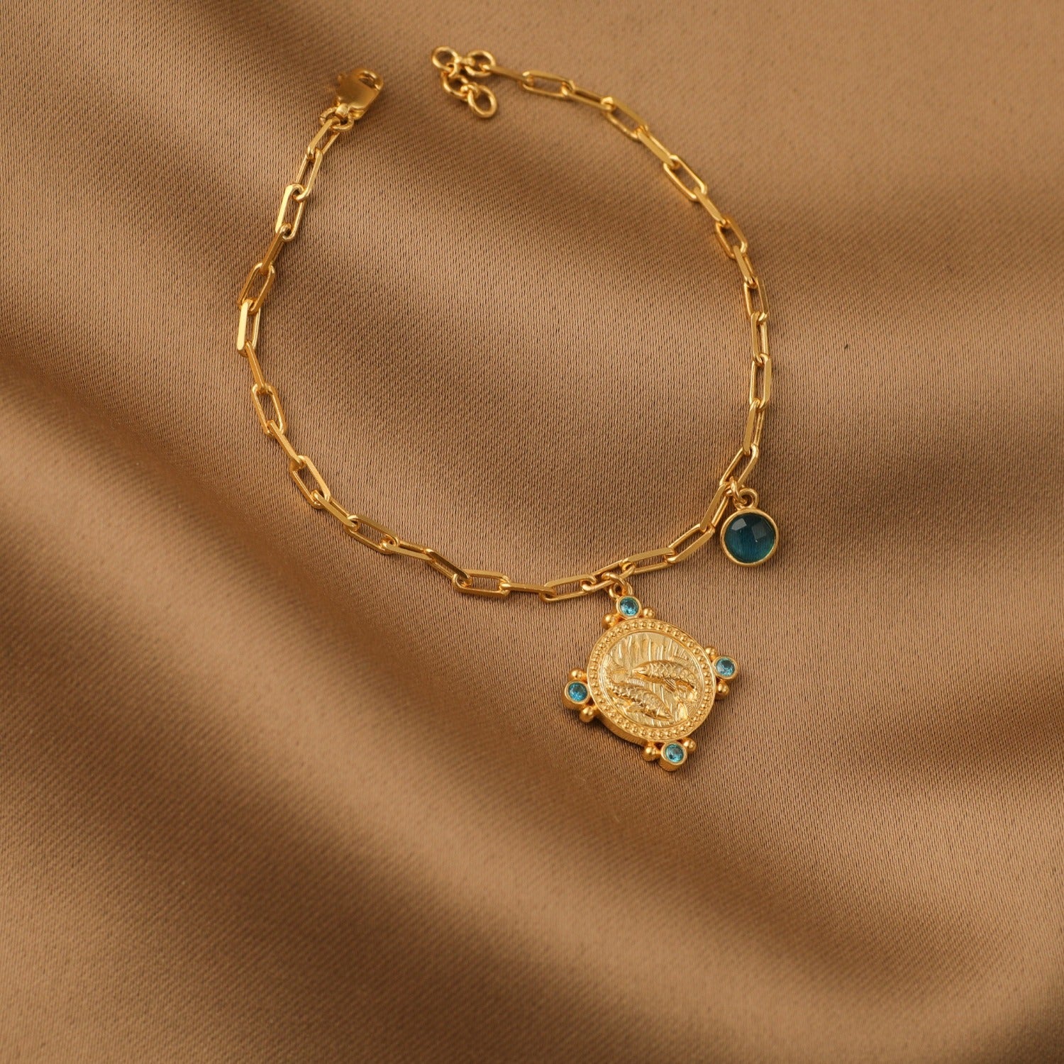 Aquamarine Pisces Zodiac Gold Plated Silver Chain Bracelet