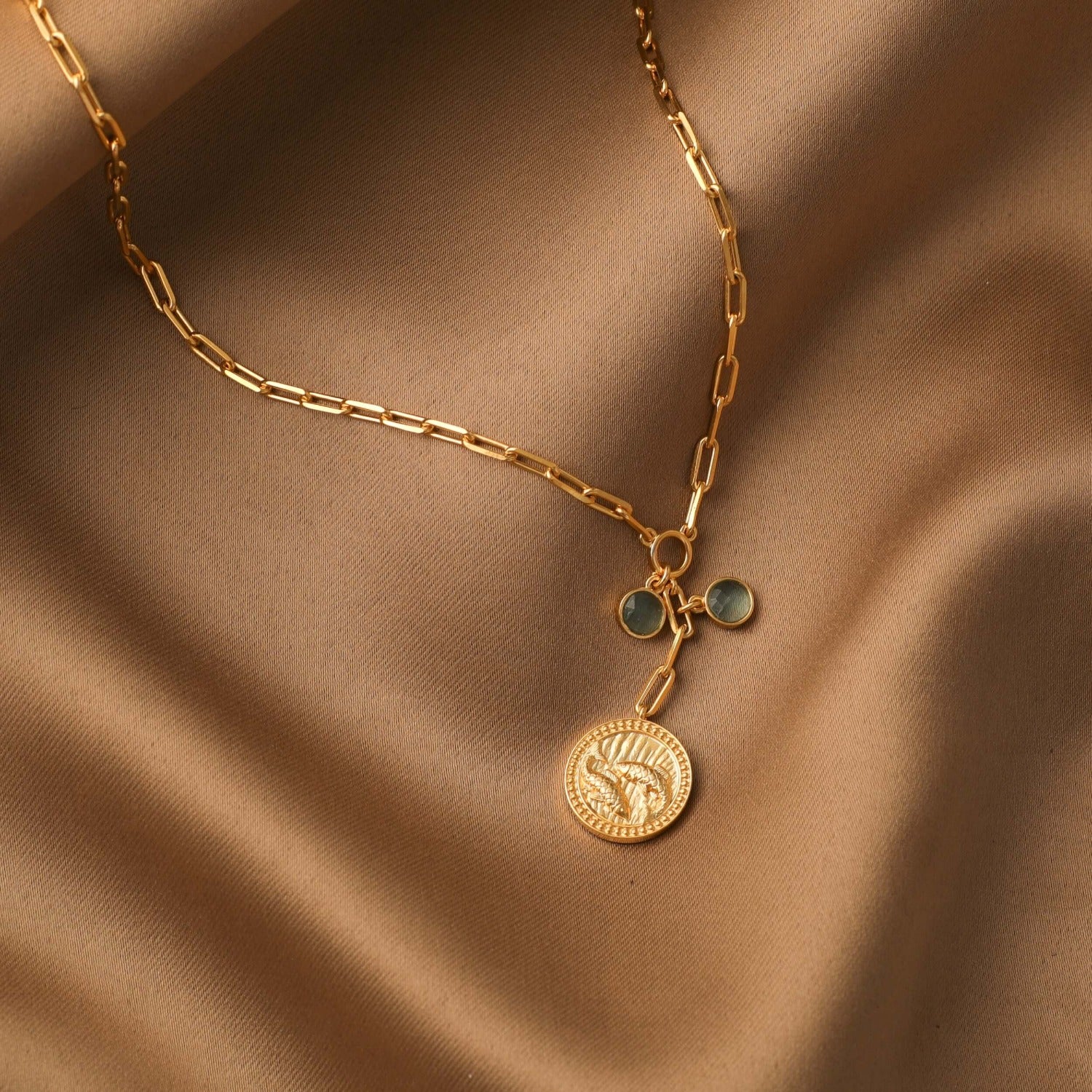 Aquamarine Pisces Zodiac Coin Gold Plated Silver Necklace