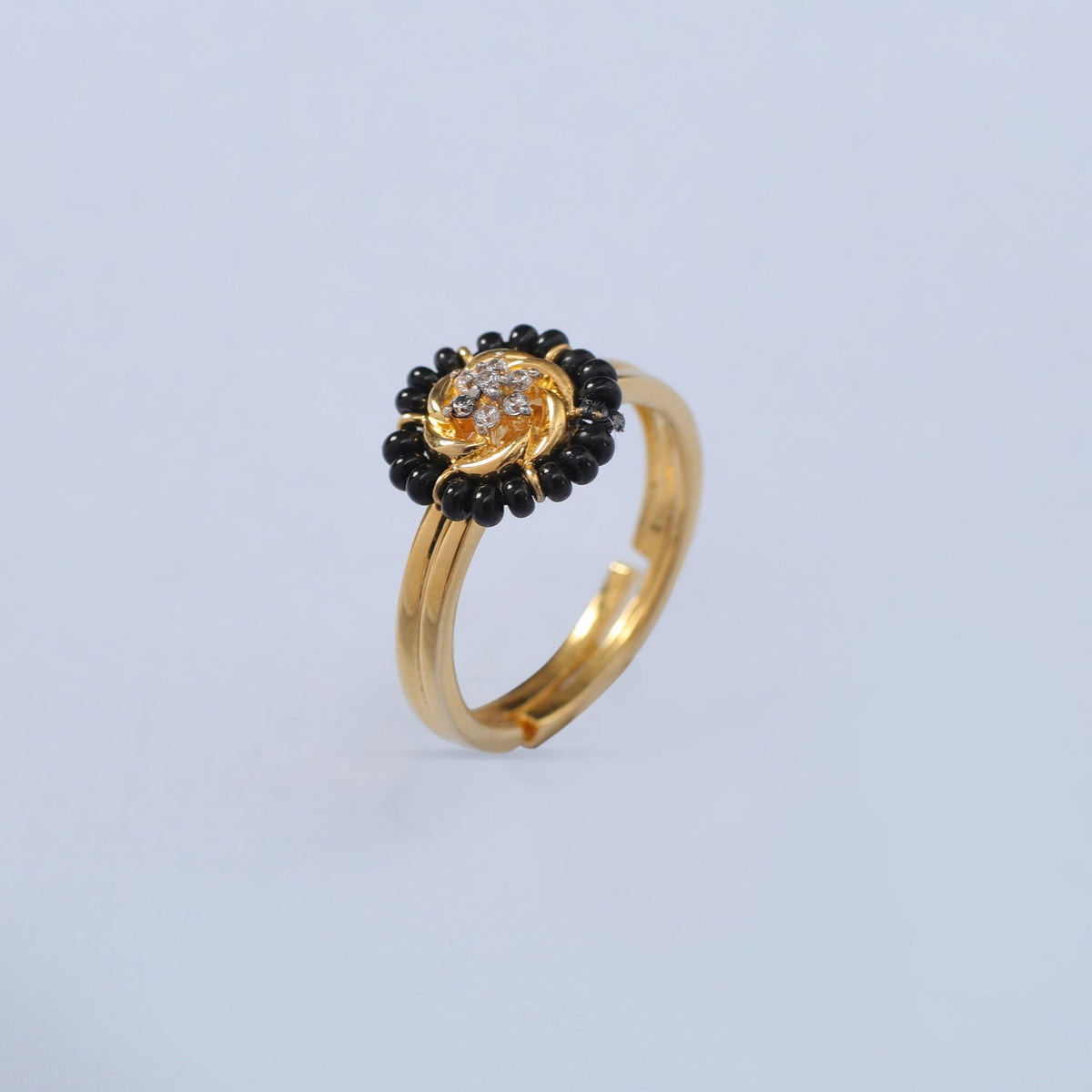 Round CZ Silver Black Bead Ring