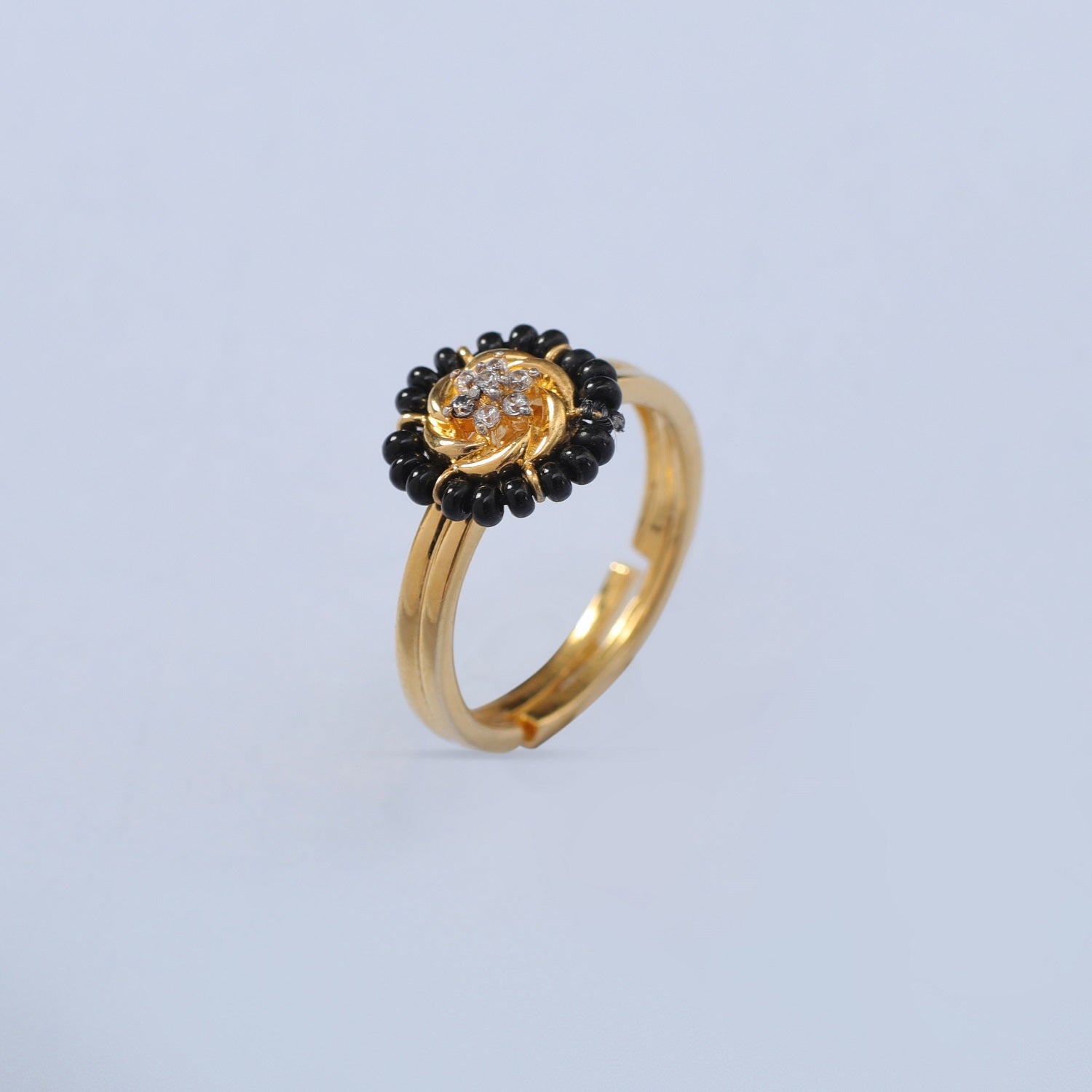 Round CZ Silver Black Bead Ring