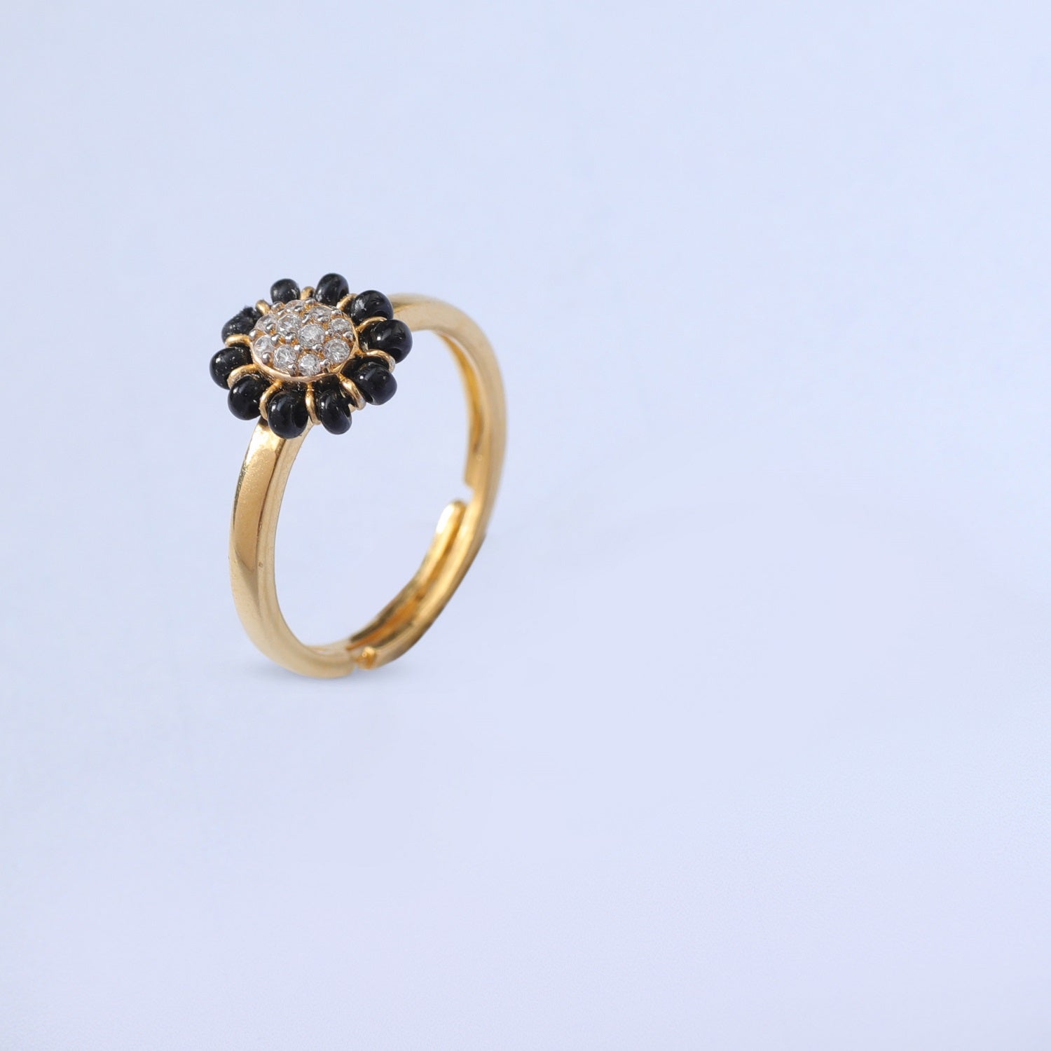 Delicate Floral CZ Silver Black Bead Ring
