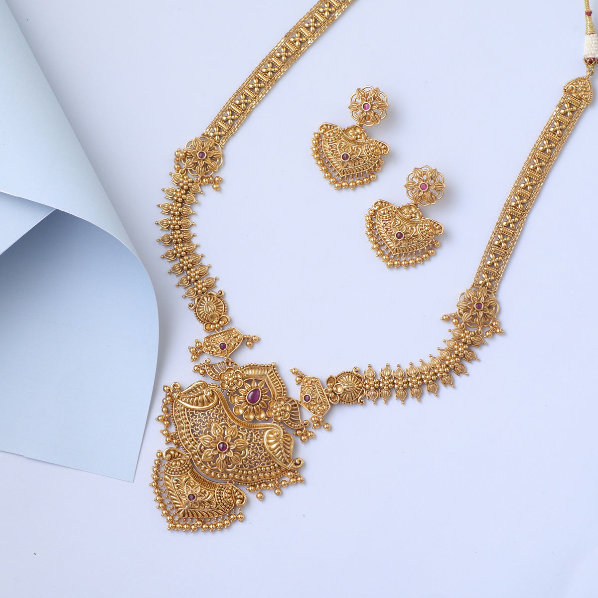 Swara Statement Silver Long Necklace Set