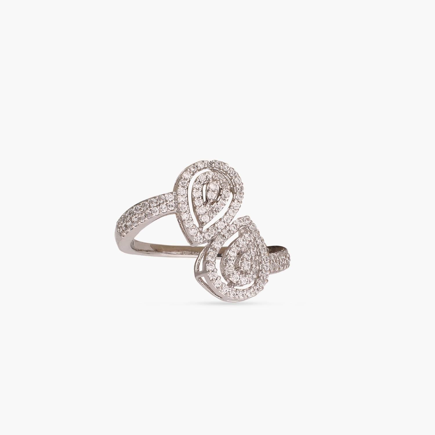 Double Motif CZ Delicate Pear Silver Finger Ring