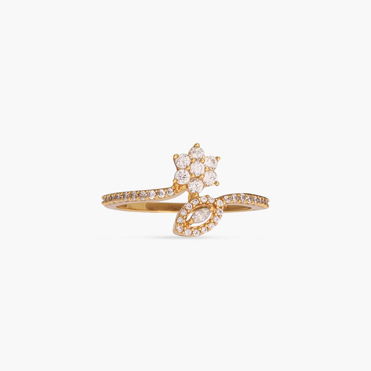 A picture of a yellow gold plated silver ring with a cluster of Cubic Zirconia in floral design on a white background.