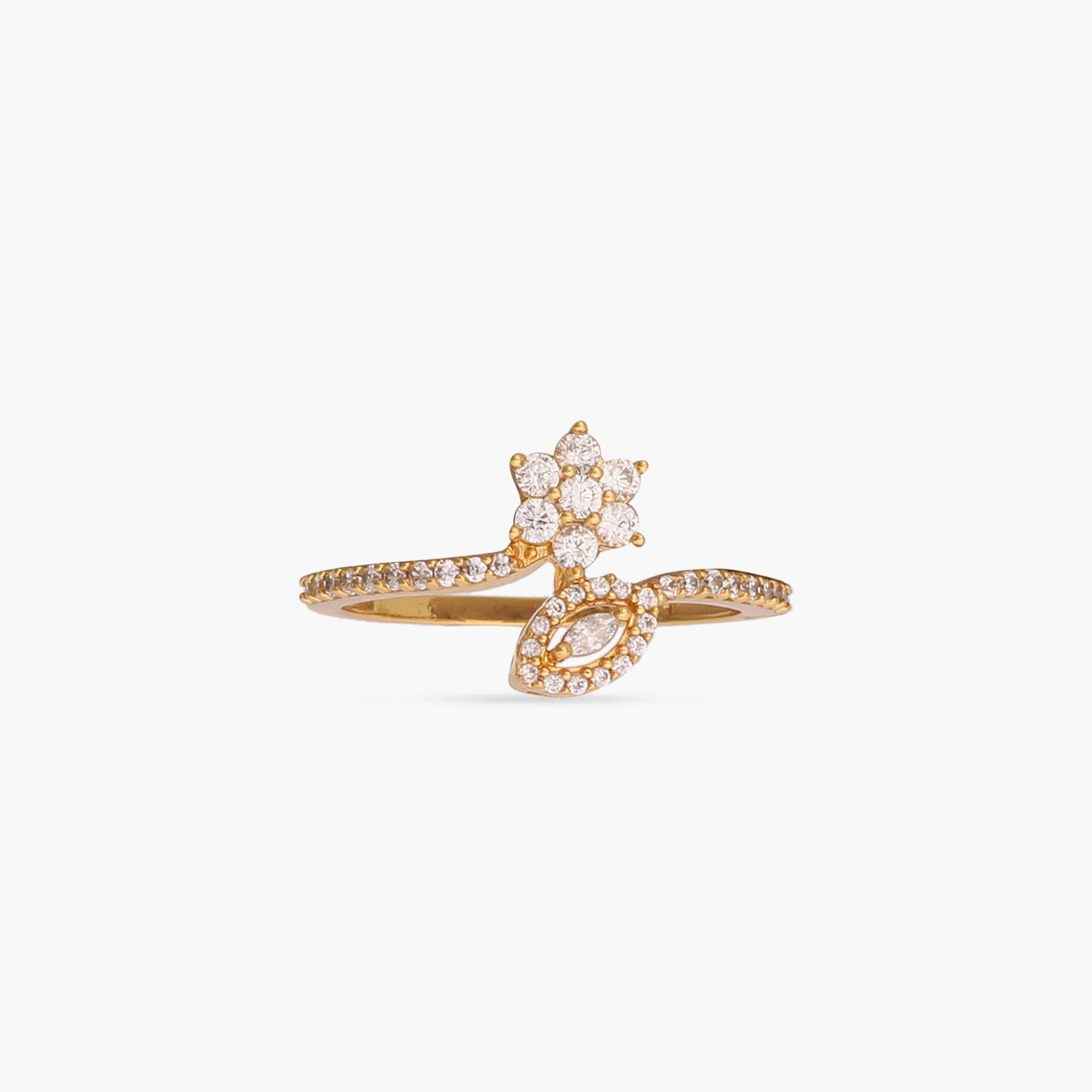 A picture of a yellow gold plated silver ring with a cluster of Cubic Zirconia in floral design on a white background.