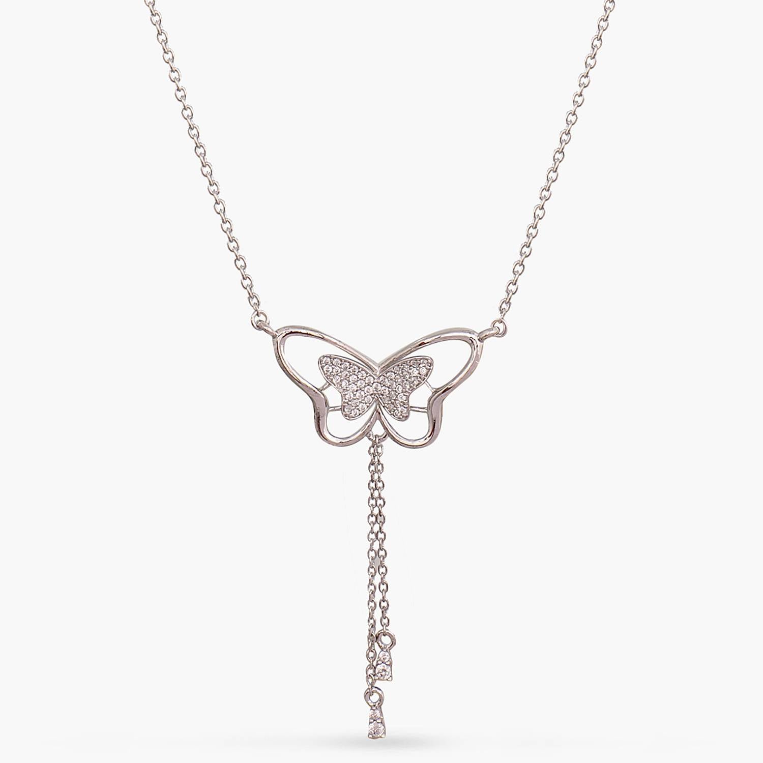 Butterfly Drop CZ Charm Delicate Silver Necklace