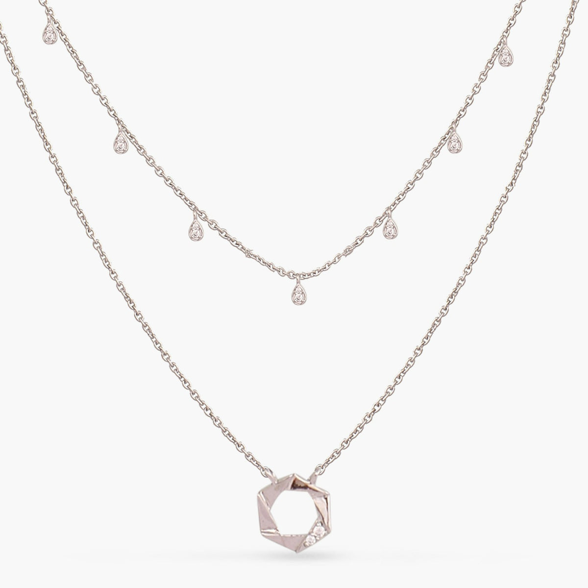 Two Layer CZ Charm Dainty Silver Necklace