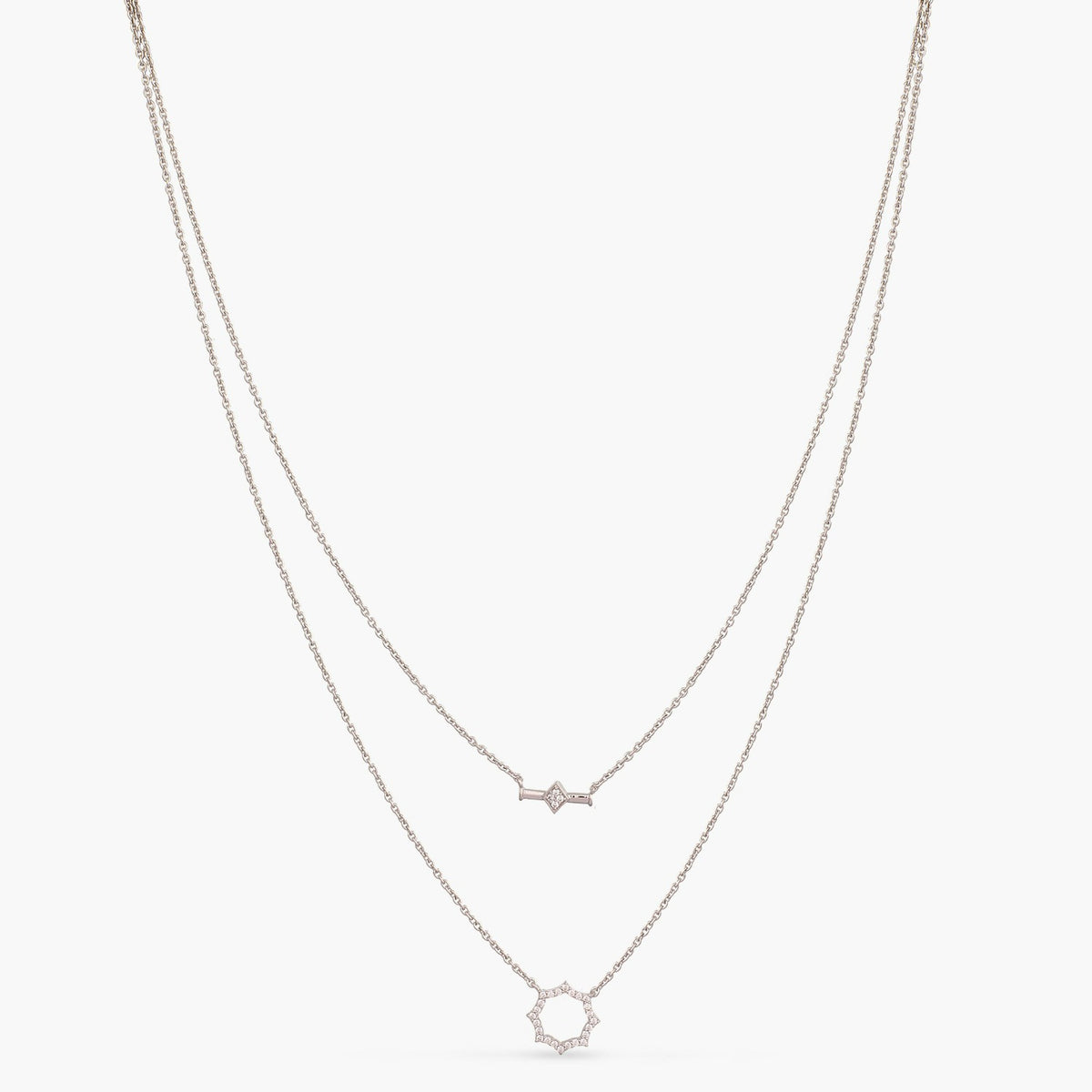 Double Line CZ Charm Delicate Silver Necklace