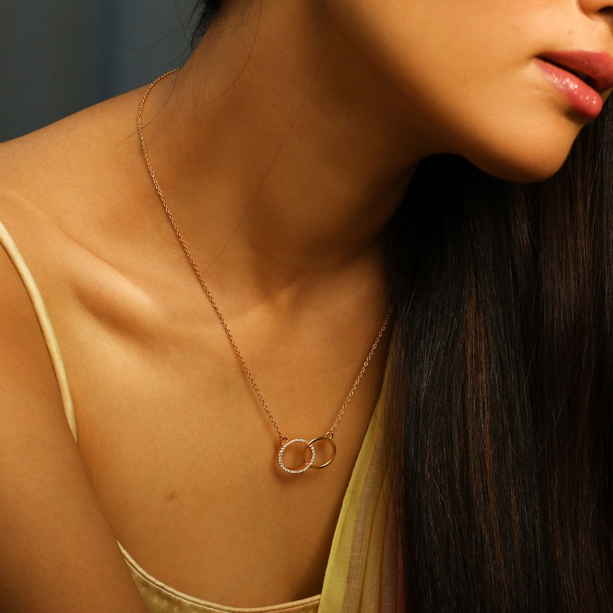 Necklaces Double Ring Charm CZ Delicate Silver Pendant Necklace