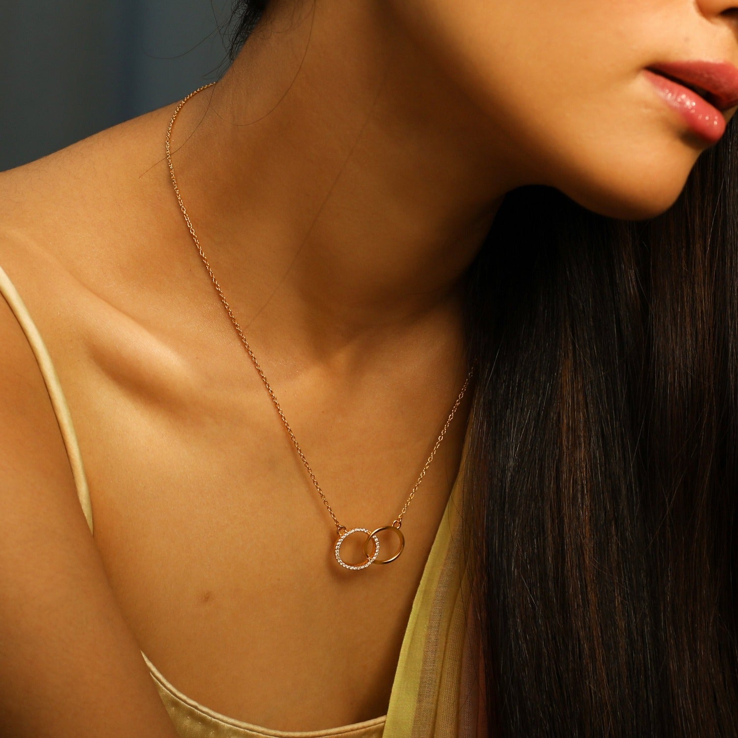 Necklaces Double Ring Charm CZ Delicate Silver Pendant Necklace