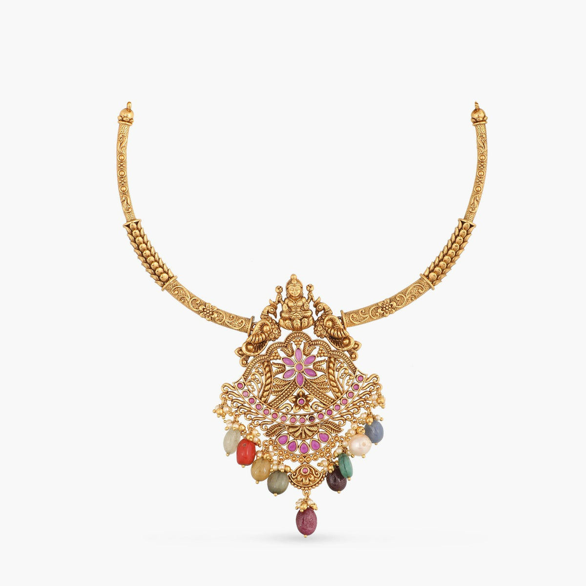 Shop Navaratna Gemstone Antique Hasli Silver Necklace by Paksha