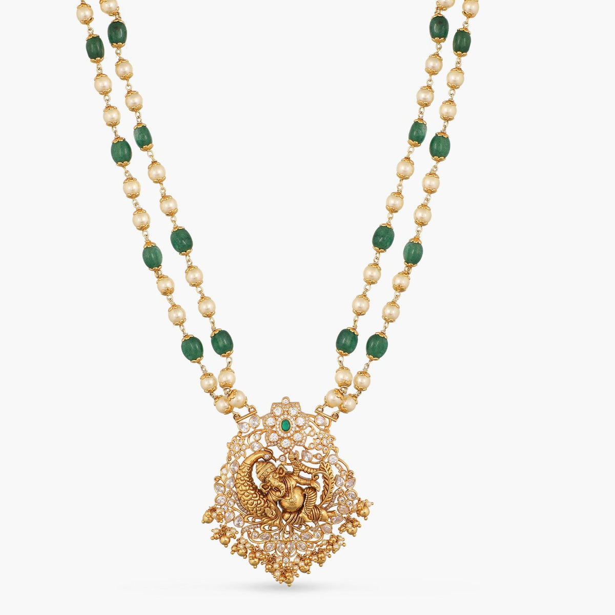 A picture of a gold plated silver necklace with alternating pearls and green beads on a white background.