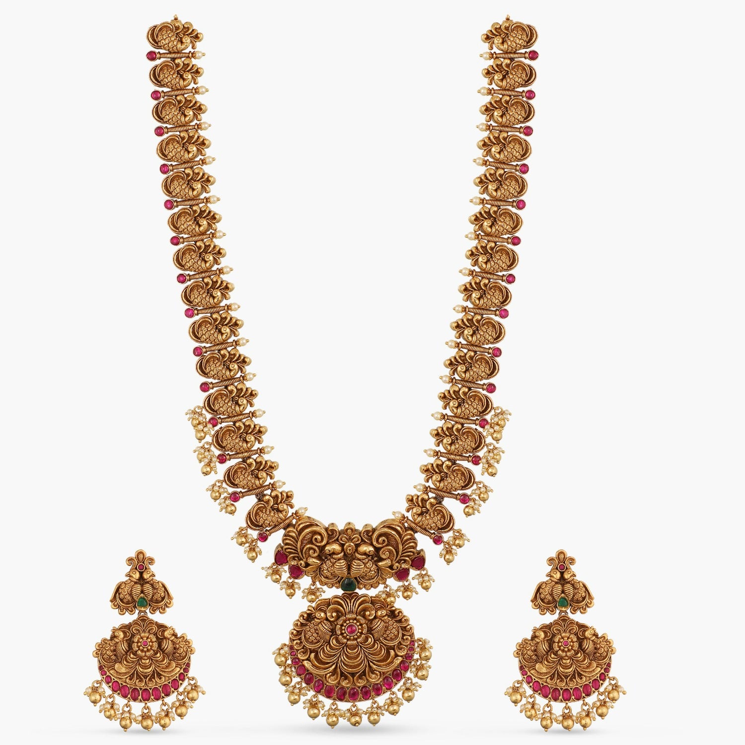 Peacock Regal Temple Silver Long Necklace Set