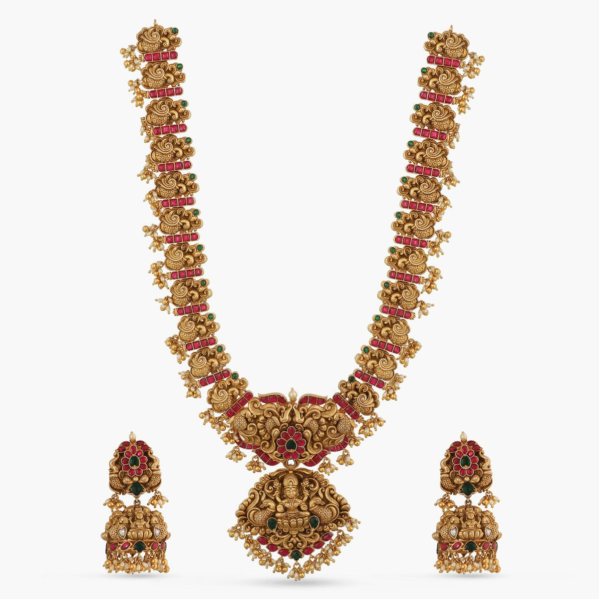 Nakshi Kempu Silver Long Necklace Set