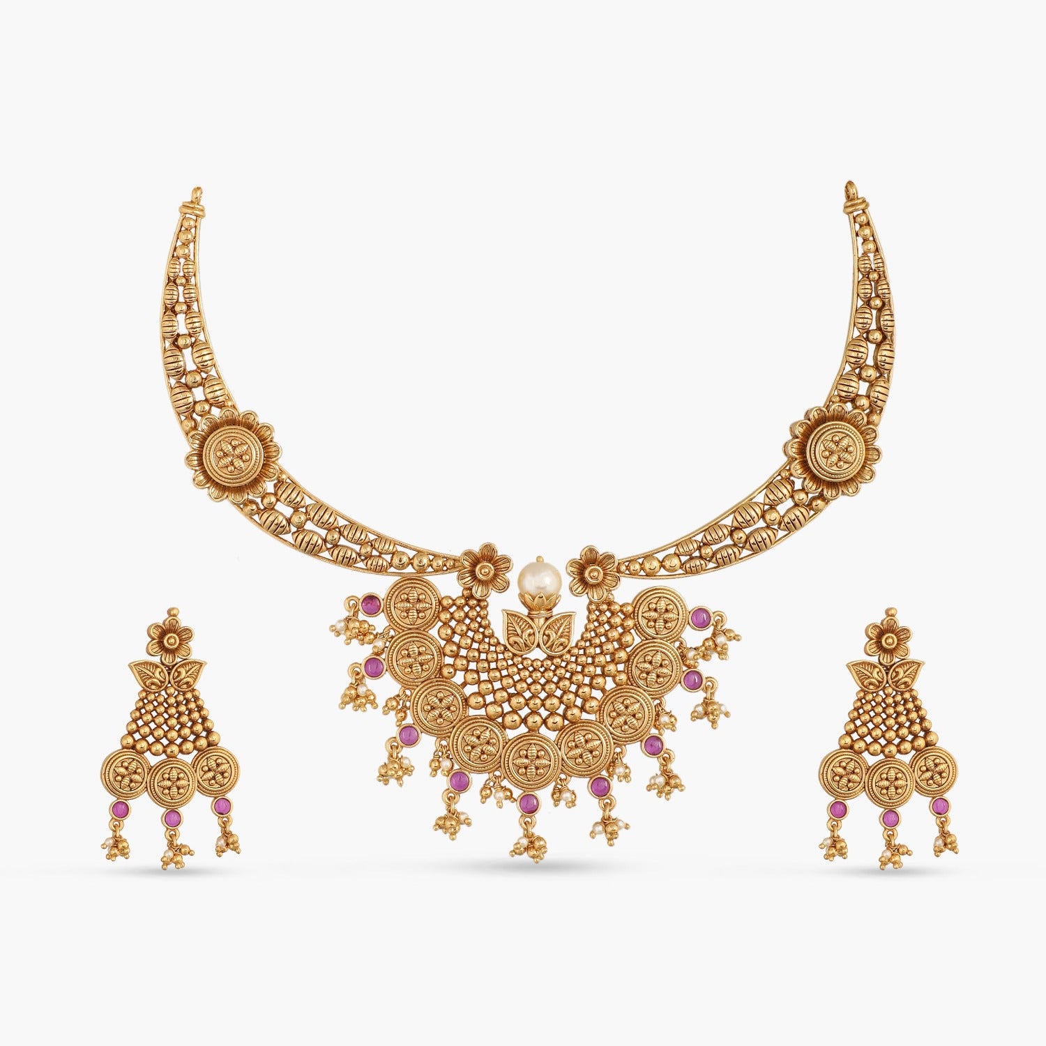 Swara Floral Coin Hasli Silver Necklace Set