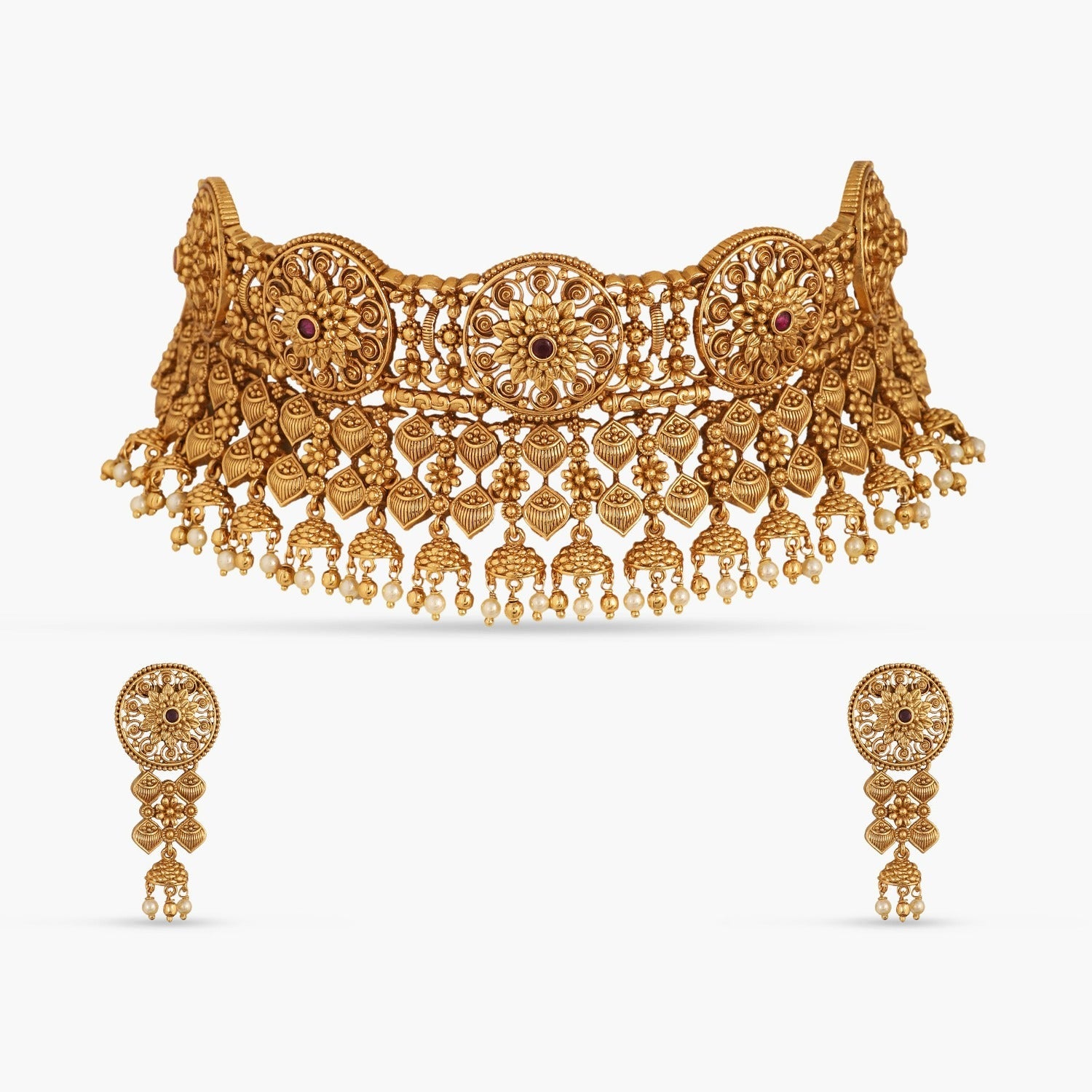 Necklaces Swara Round Floral Silver Choker Set