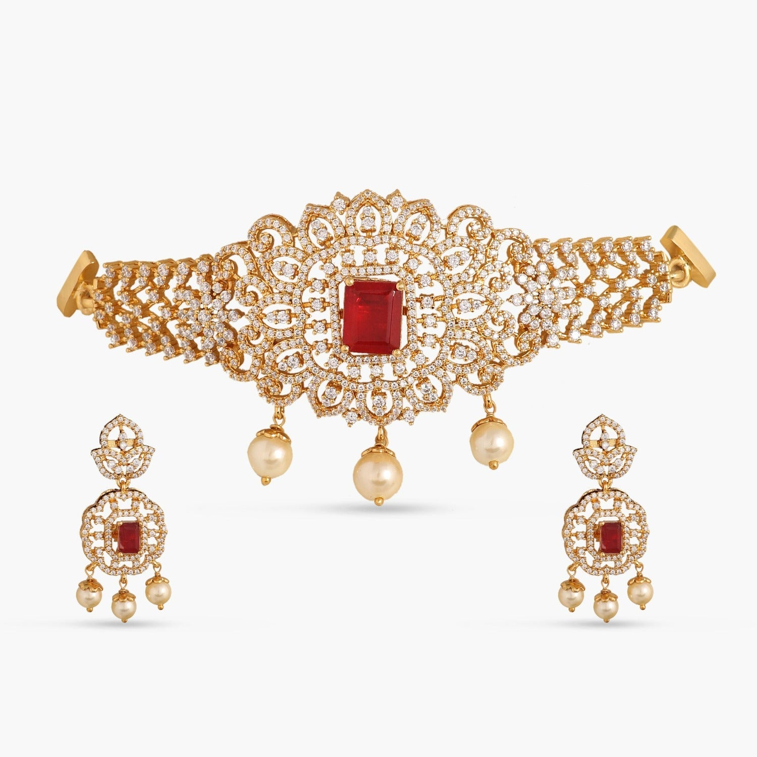 Necklaces Square Floral Classic CZ Interchangeable Silver Choker Set