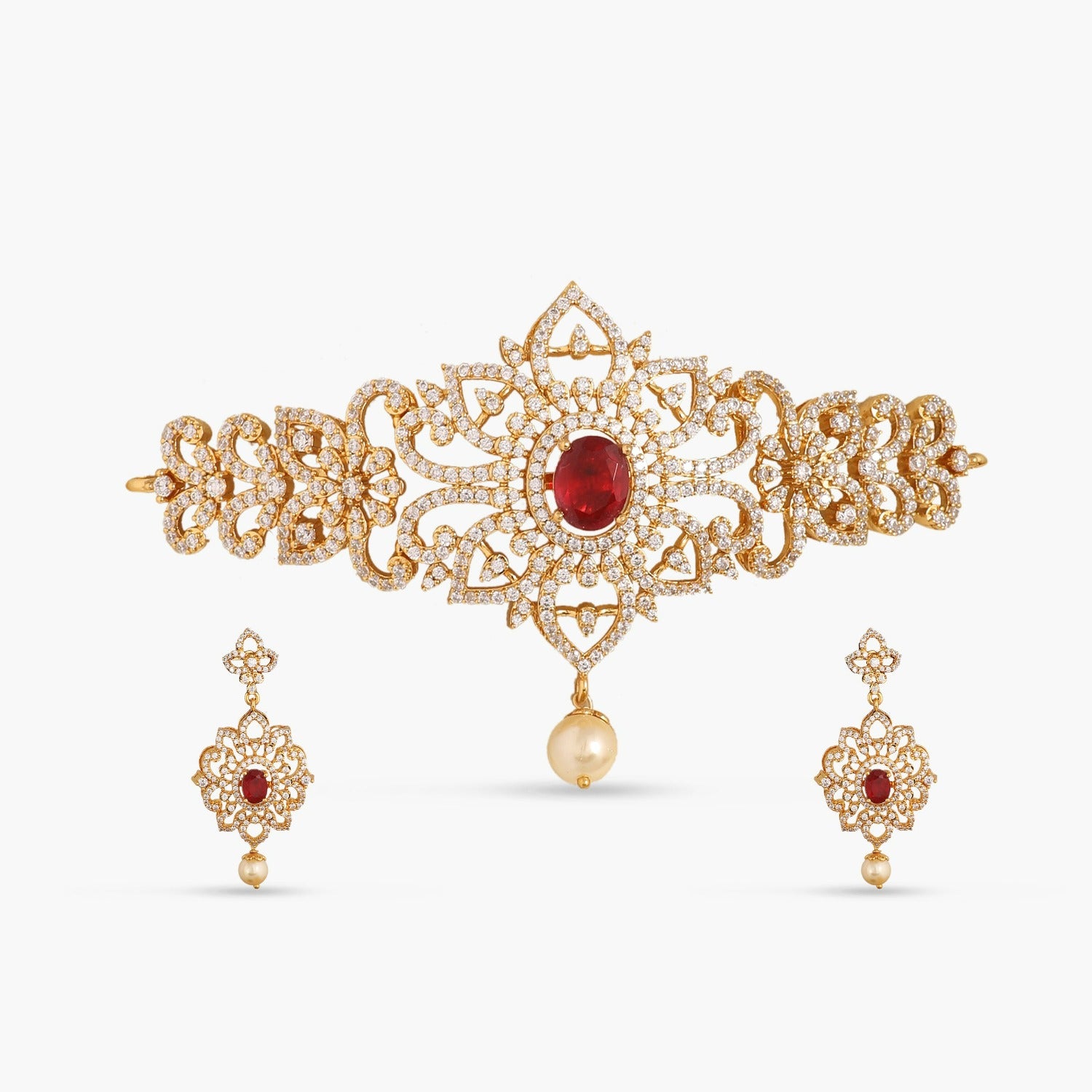 A picture of a silver choker, crafted with Cubic Zirconia and red gemstones.