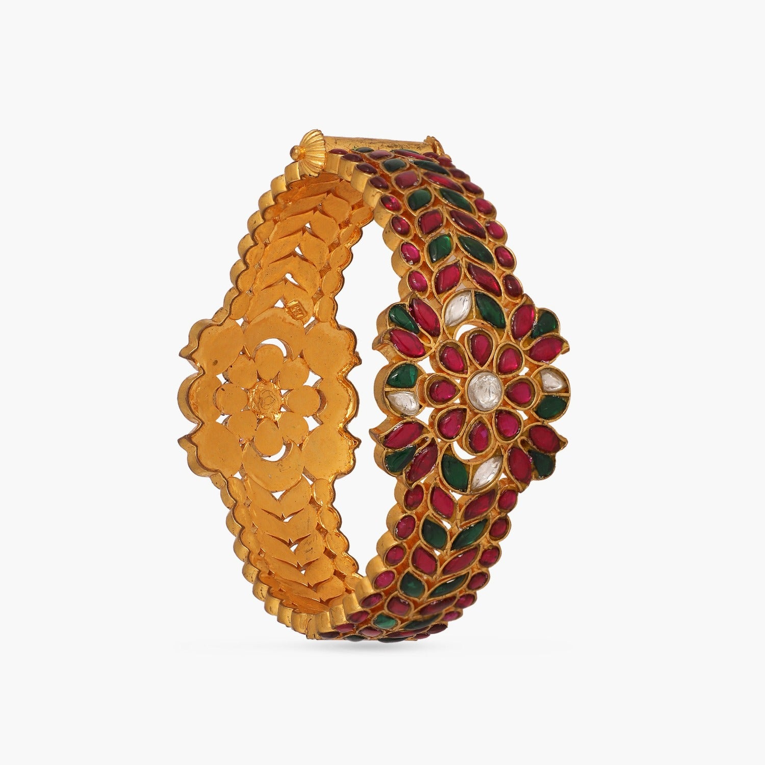 Leafy Floral Classic Kempu Jadau Silver Bracelet