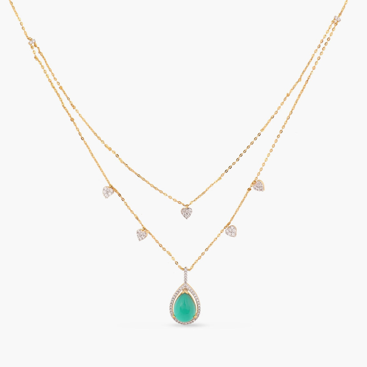 A picture of a double layered silver necklace with a teardrop-shaped pendant featuring green gemstone and Cubic Zirconia on a white background.