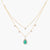 A picture of a double layered silver necklace with a teardrop-shaped pendant featuring green gemstone and Cubic Zirconia on a white background.