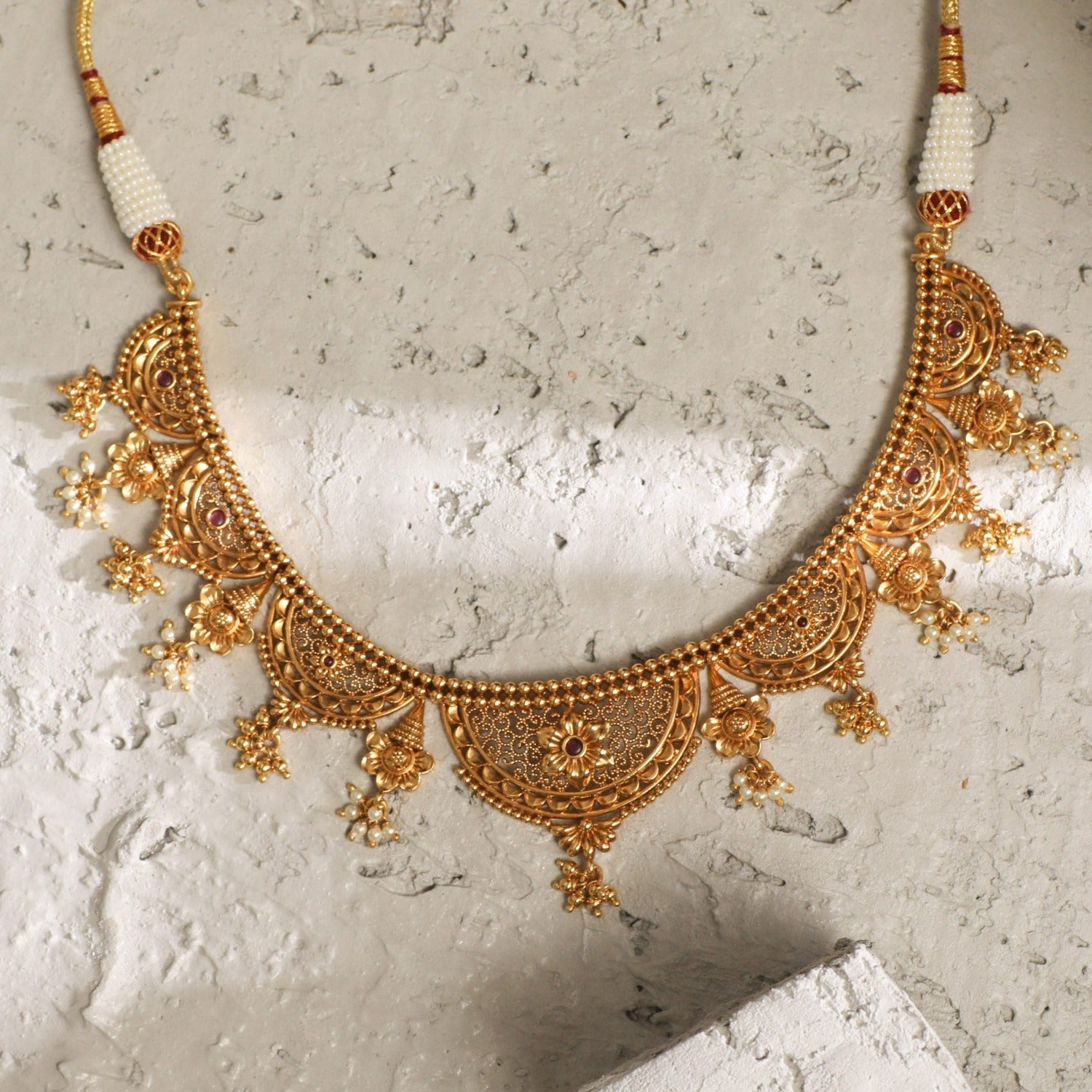 Swara Floral Crescent Silver Necklace Set