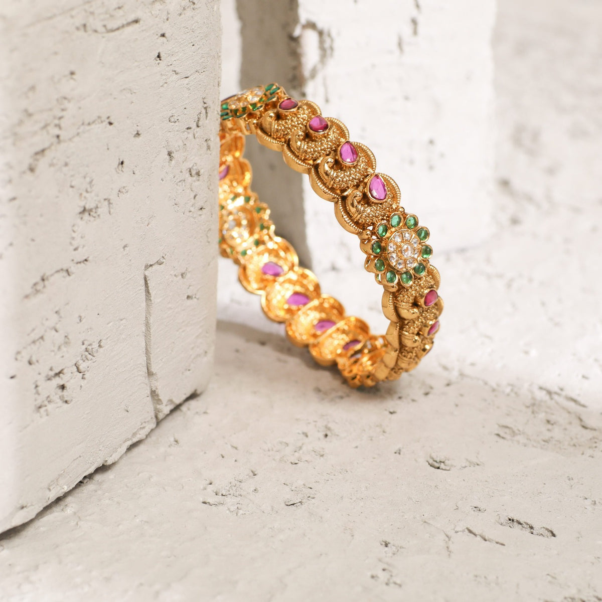 Peacock Floral Classic Kempu Silver Bangles 