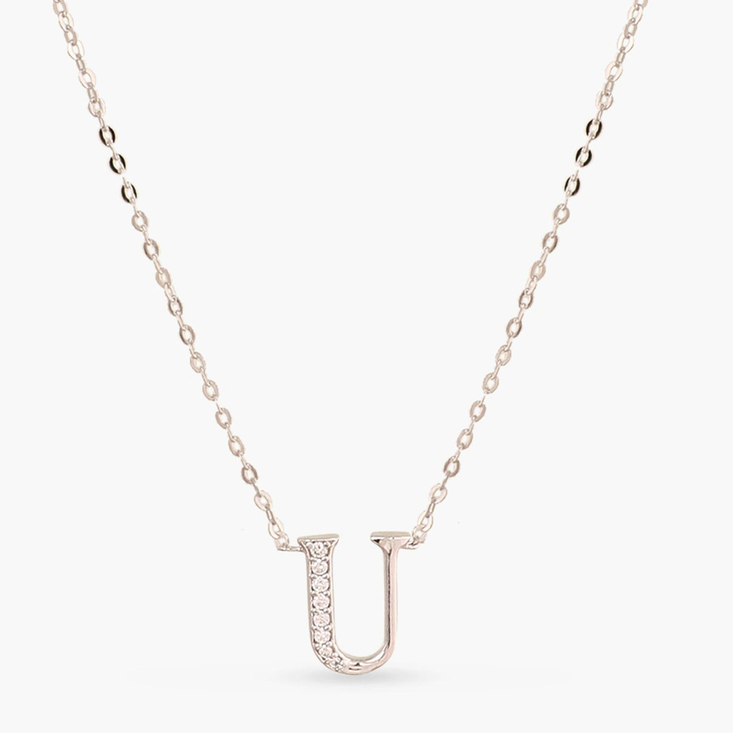 Letter U Alphabet White-Gold Plated Silver Necklace