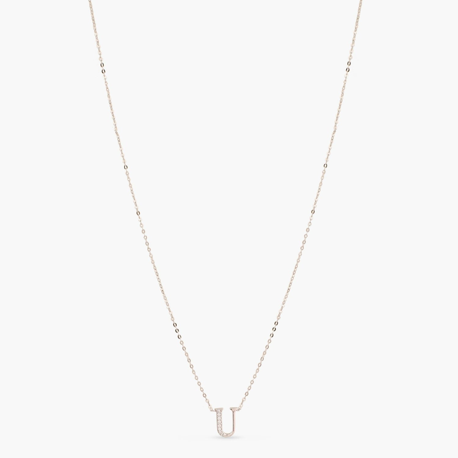 Letter U Alphabet White-Gold Plated Silver Necklace