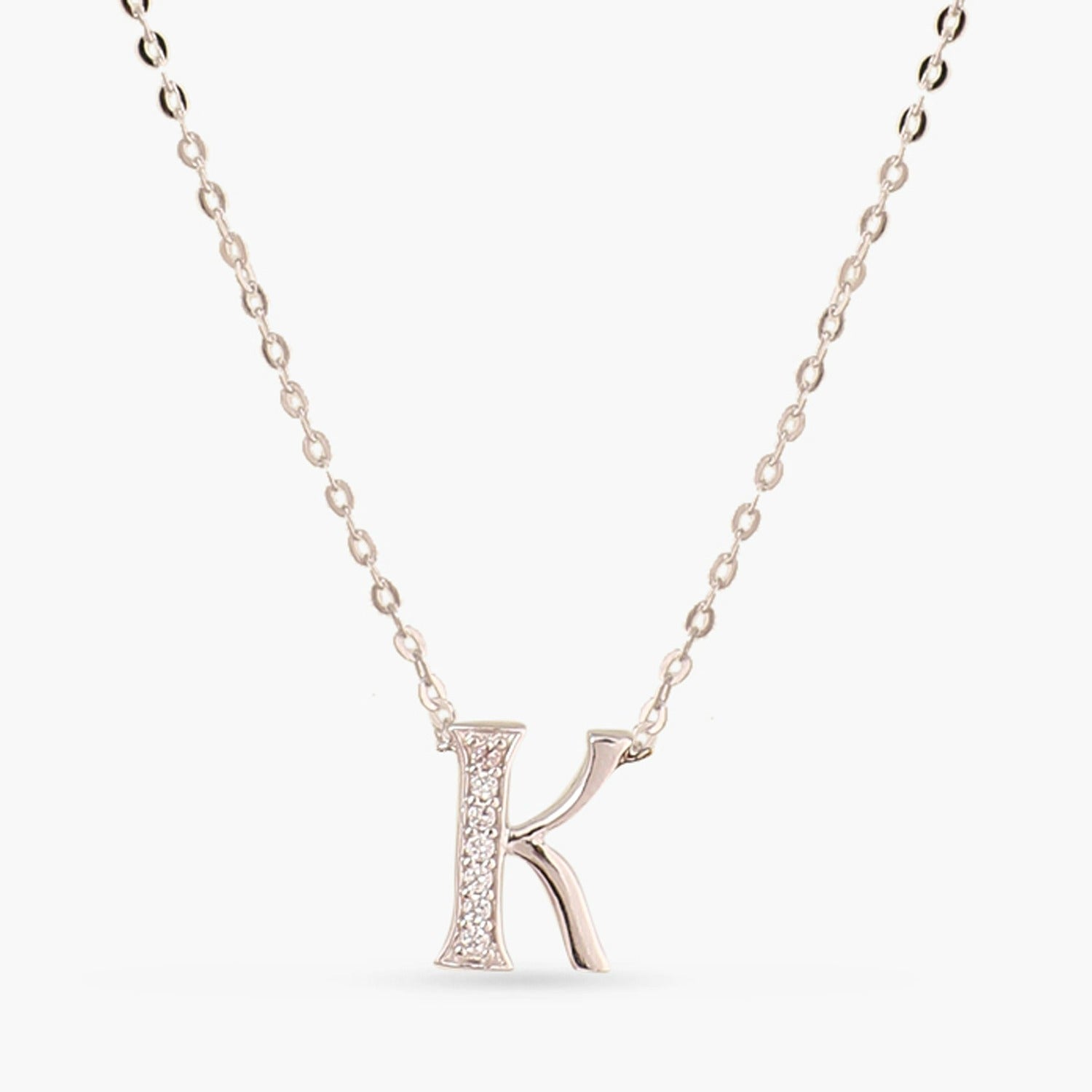 Letter K Alphabet White-Gold Plated Silver Necklace