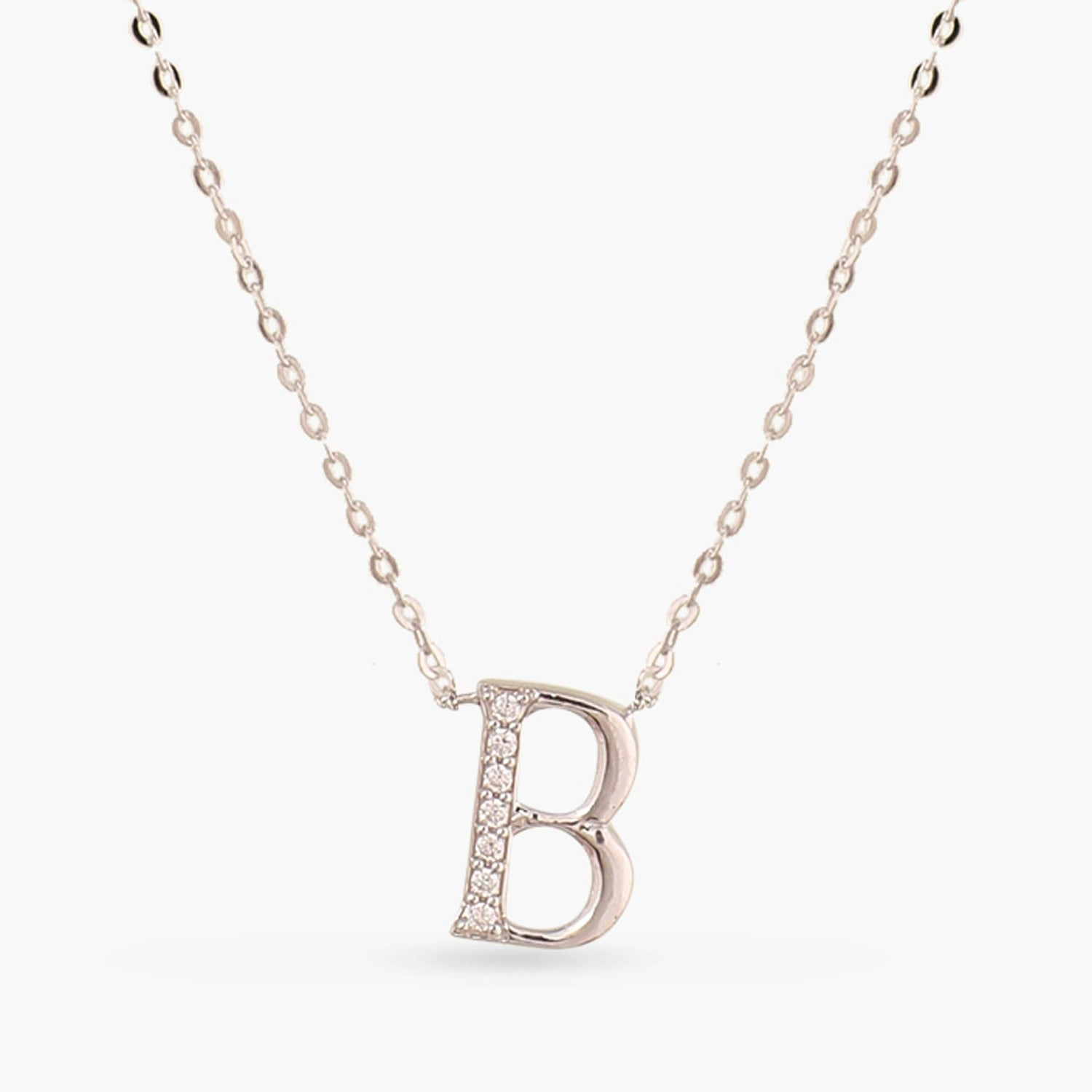 Letter B Alphabet White-Gold Plated Silver Necklace