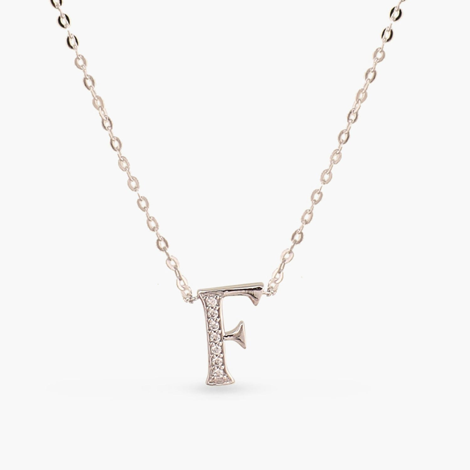 Letter F Alphabet White-Gold Plated Silver Necklace