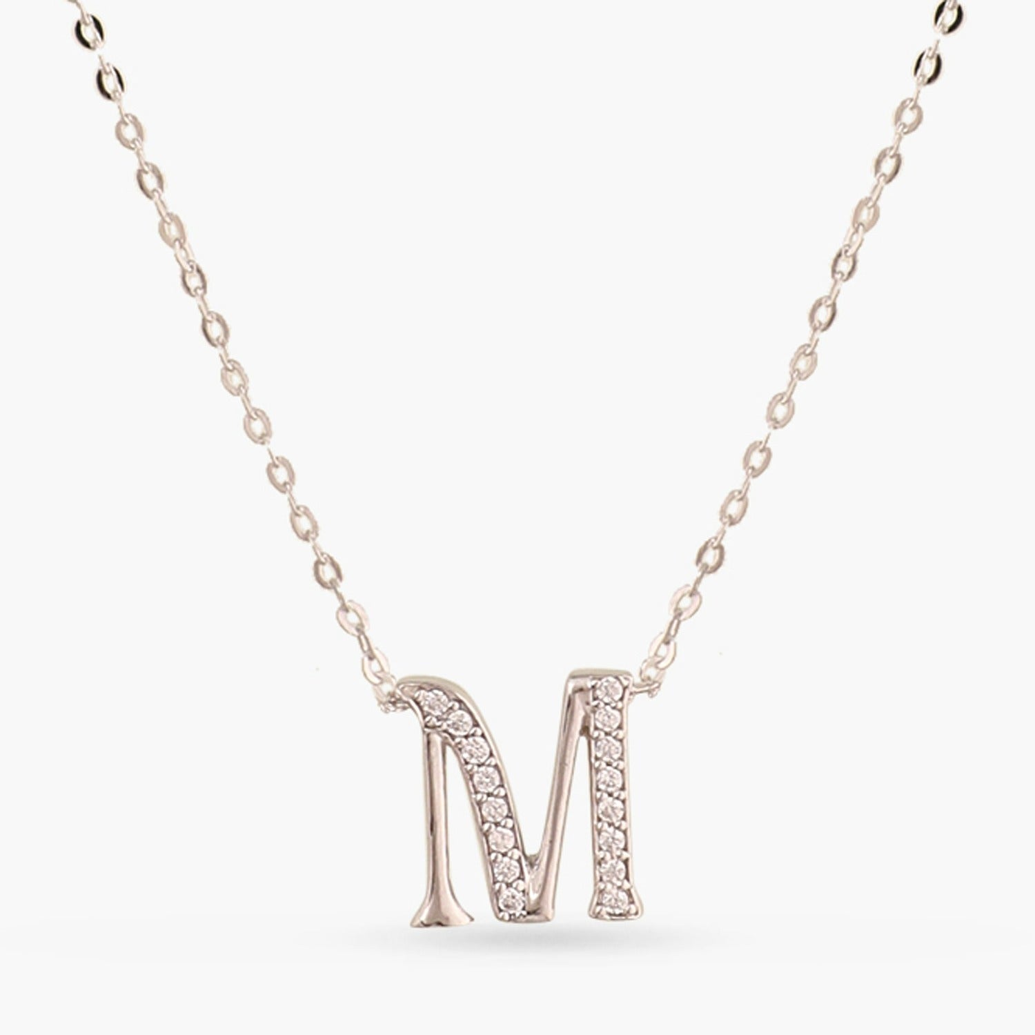 Letter M Alphabet White-Gold Plated Silver Necklace