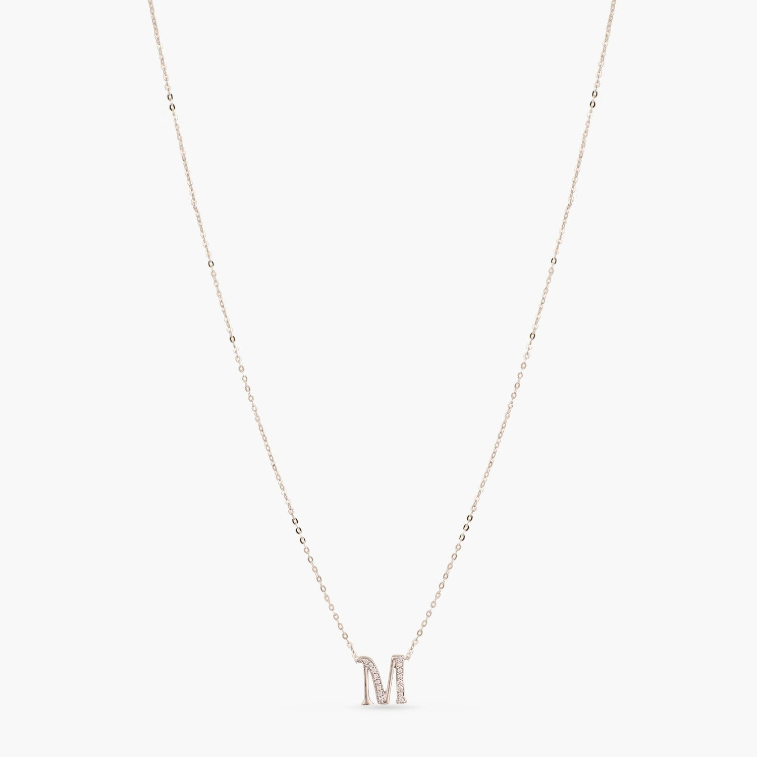 Letter M Alphabet White-Gold Plated Silver Necklace