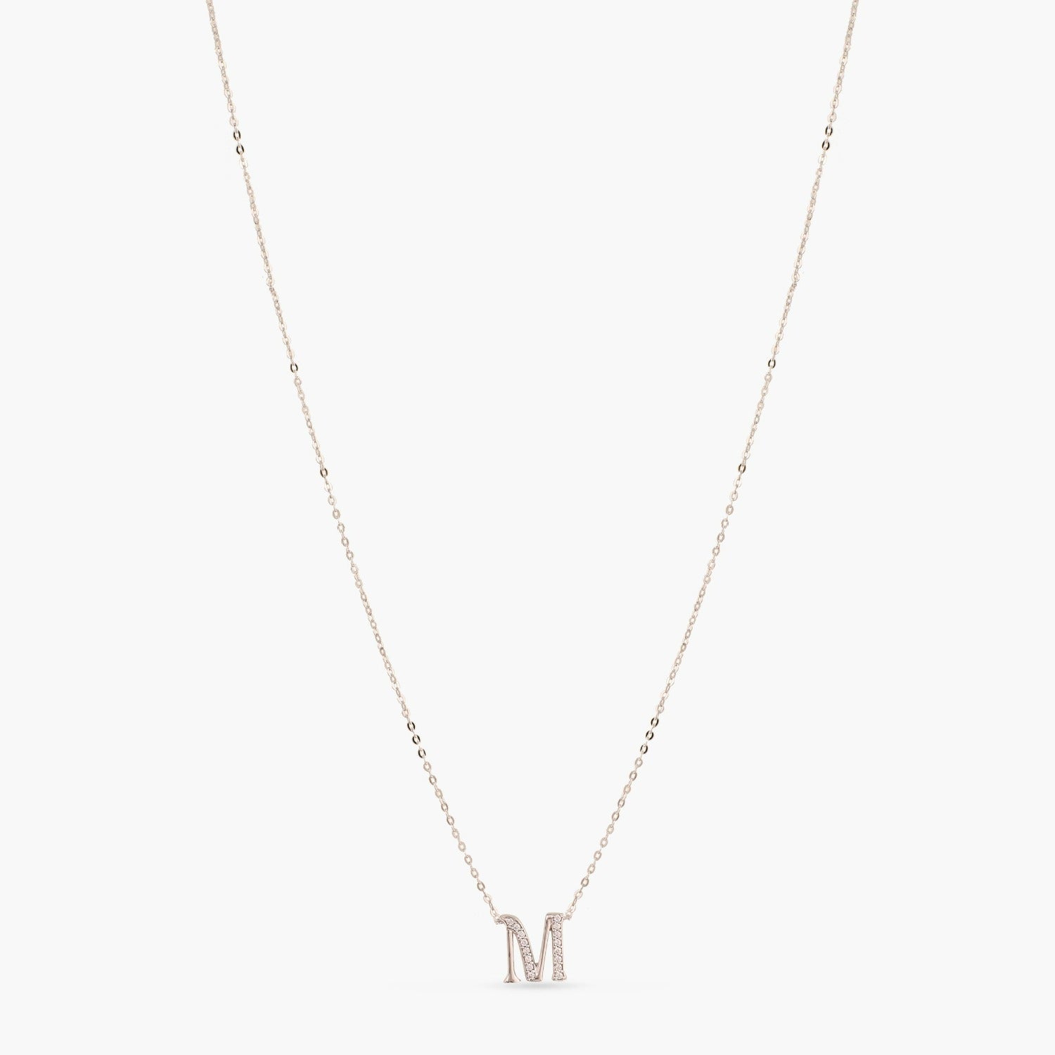 Letter M Alphabet White-Gold Plated Silver Necklace