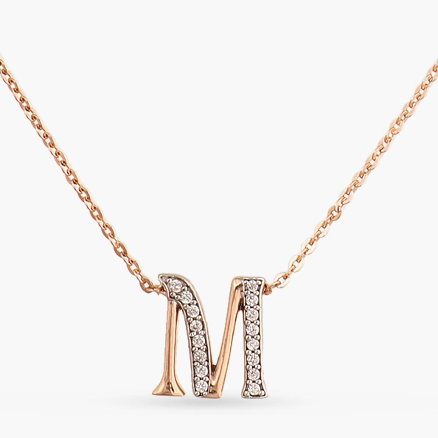 Letter M Alphabet Rose-Gold Plated Silver Necklace