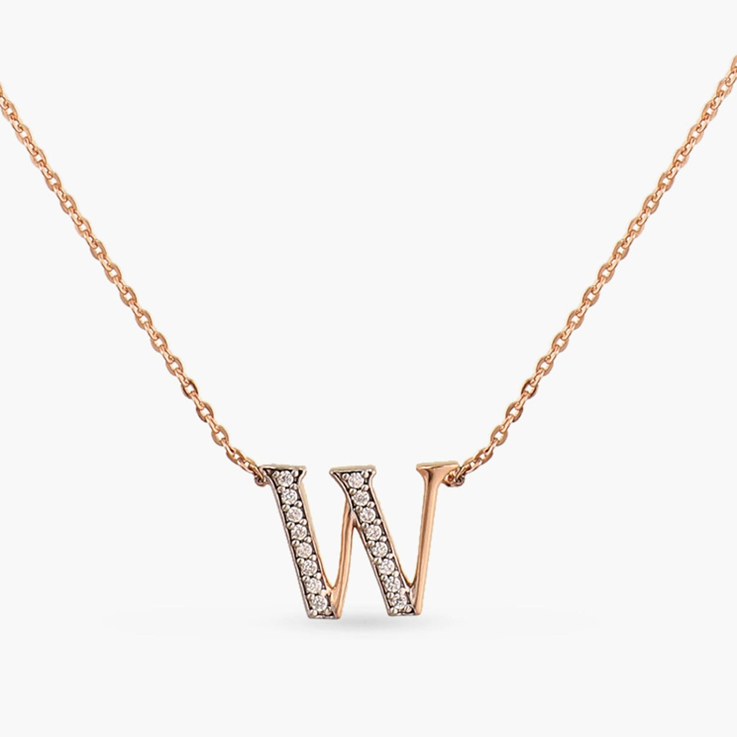 Letter W Alphabet Rose-Gold Plated Silver Necklace