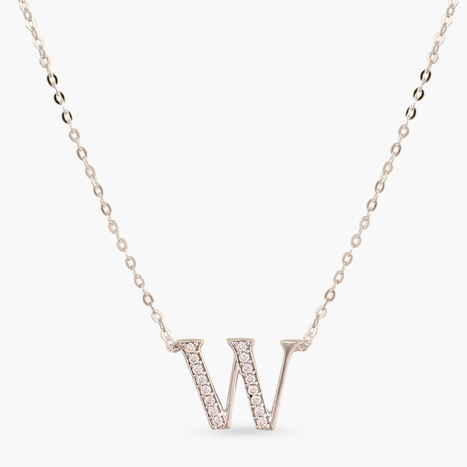 Letter W Alphabet White-Gold Plated Silver Necklace