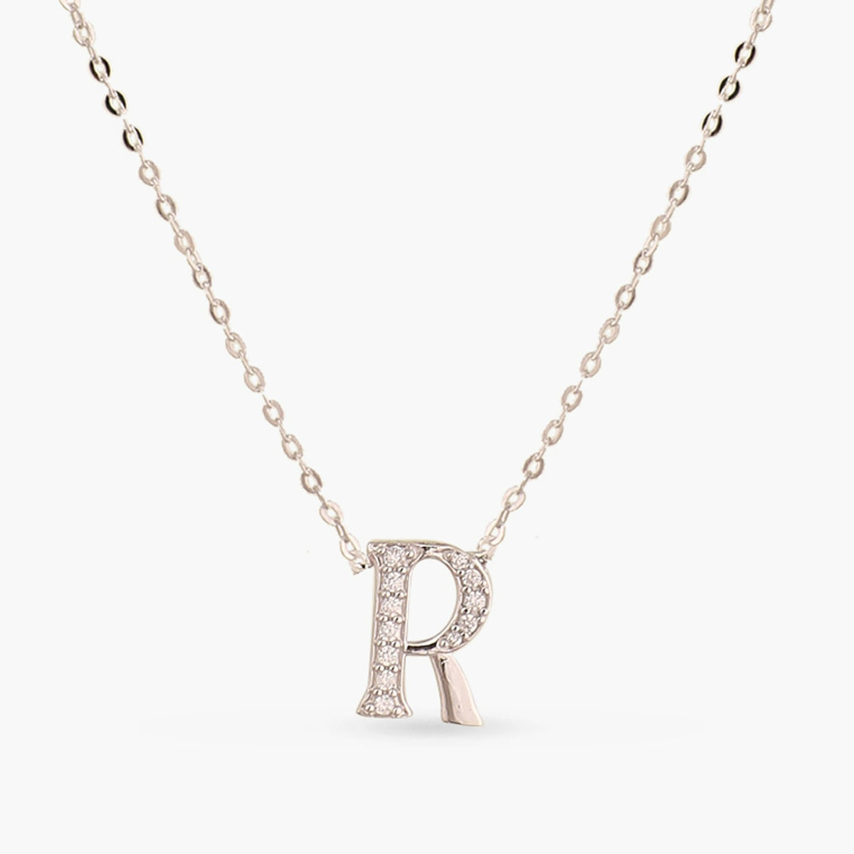 Letter R Alphabet White-Gold Plated Silver Necklace