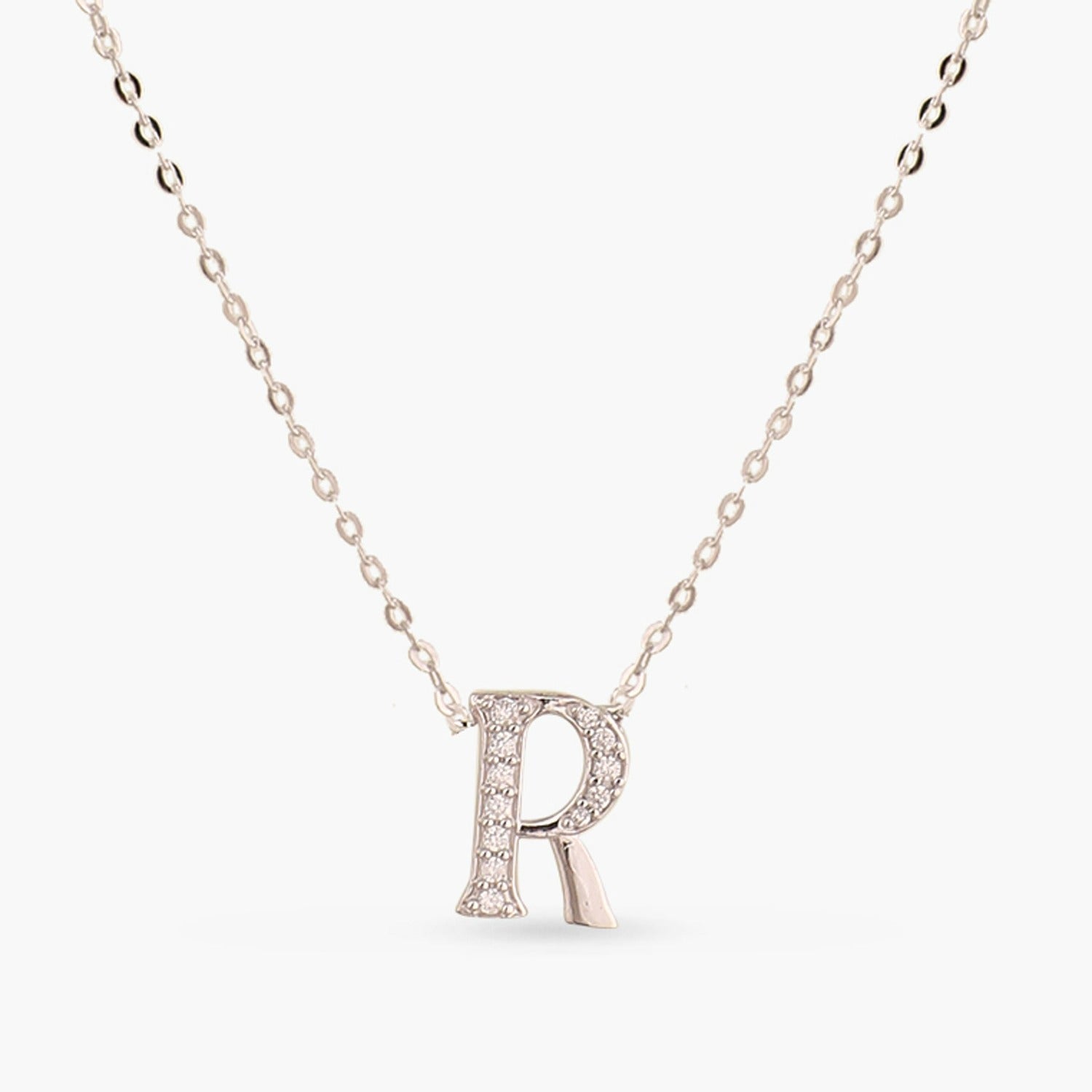 Letter R Alphabet White-Gold Plated Silver Necklace