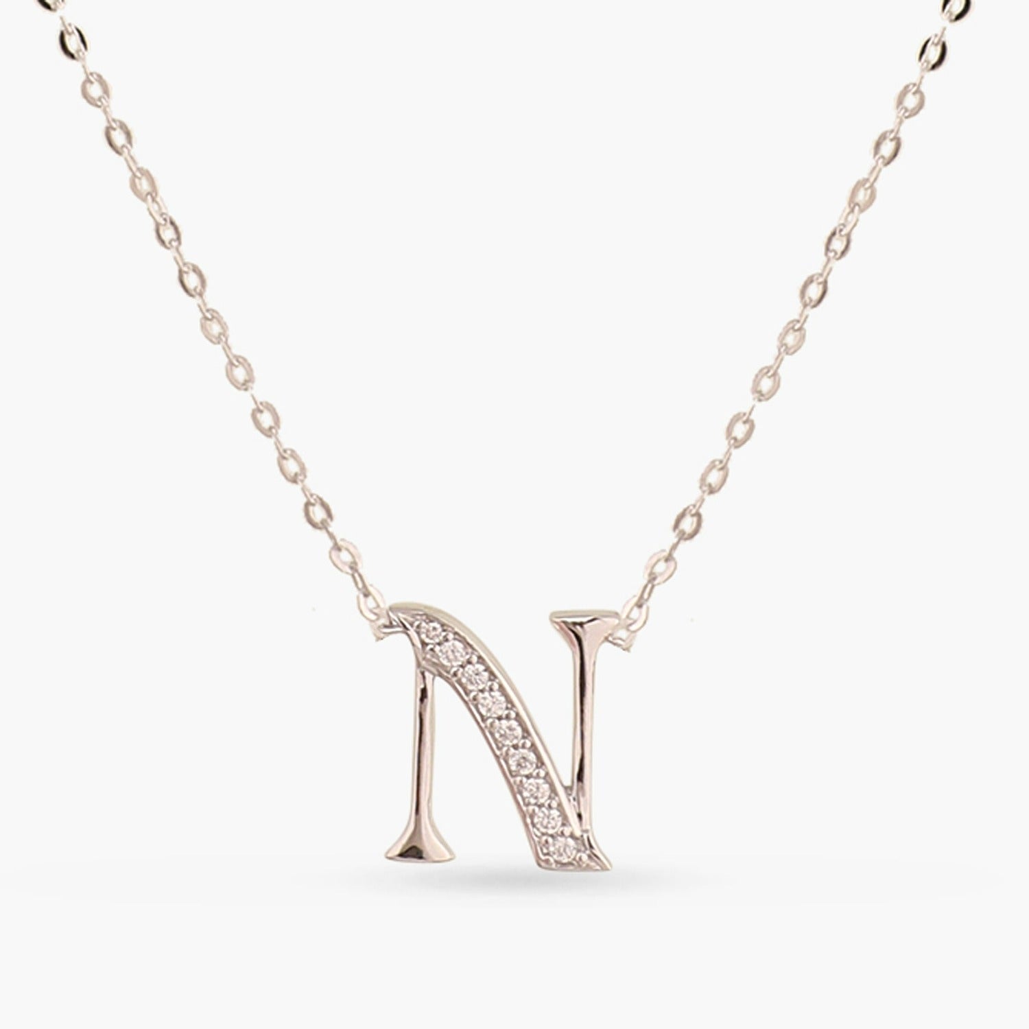 Letter N Alphabet White-Gold Plated Silver Necklace